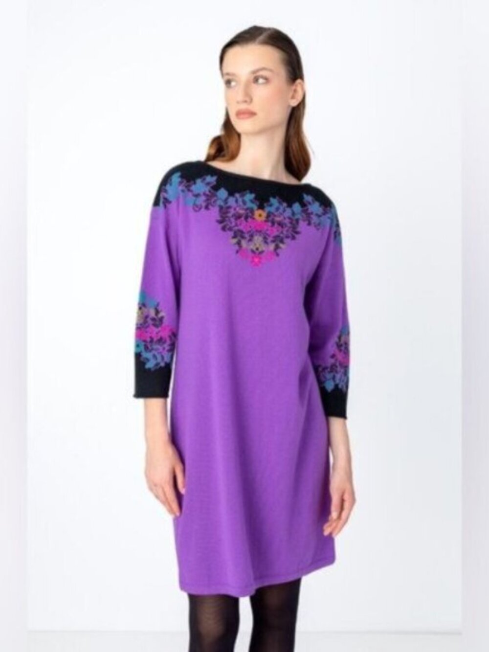IVKO 100% Wool Intarsia Floral Knit Dress Violet Purple EU 36 / US S